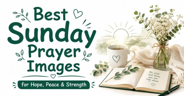 A calm Sunday setup with a coffee mug, green leaves, delicate white flowers in a vase, and an open book reading 'Be still and know you are not alone' alongside green typography that reads 'Best Sunday Prayer Images'.