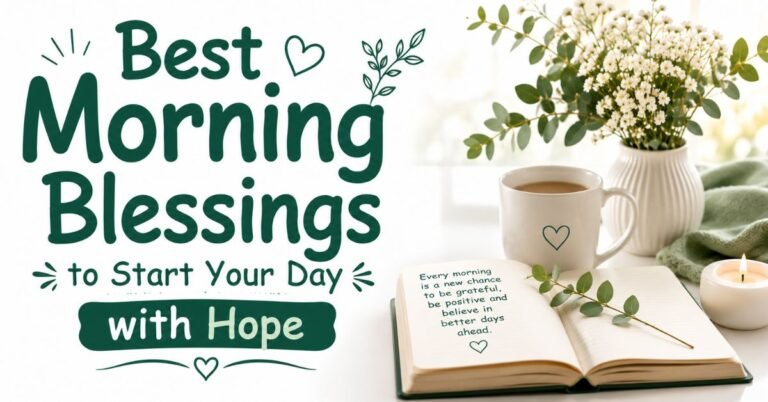 A cozy morning setup with a cup of coffee, an open book with an inspirational quote, a lit candle, and white flowers, featuring green text that says 'Best Morning Blessings to Start Your Day with Hope'.