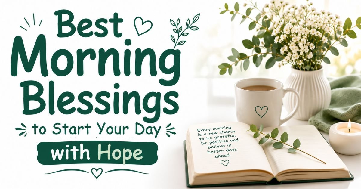 A cozy morning setup with a cup of coffee, an open book with an inspirational quote, a lit candle, and white flowers, featuring green text that says 'Best Morning Blessings to Start Your Day with Hope'.