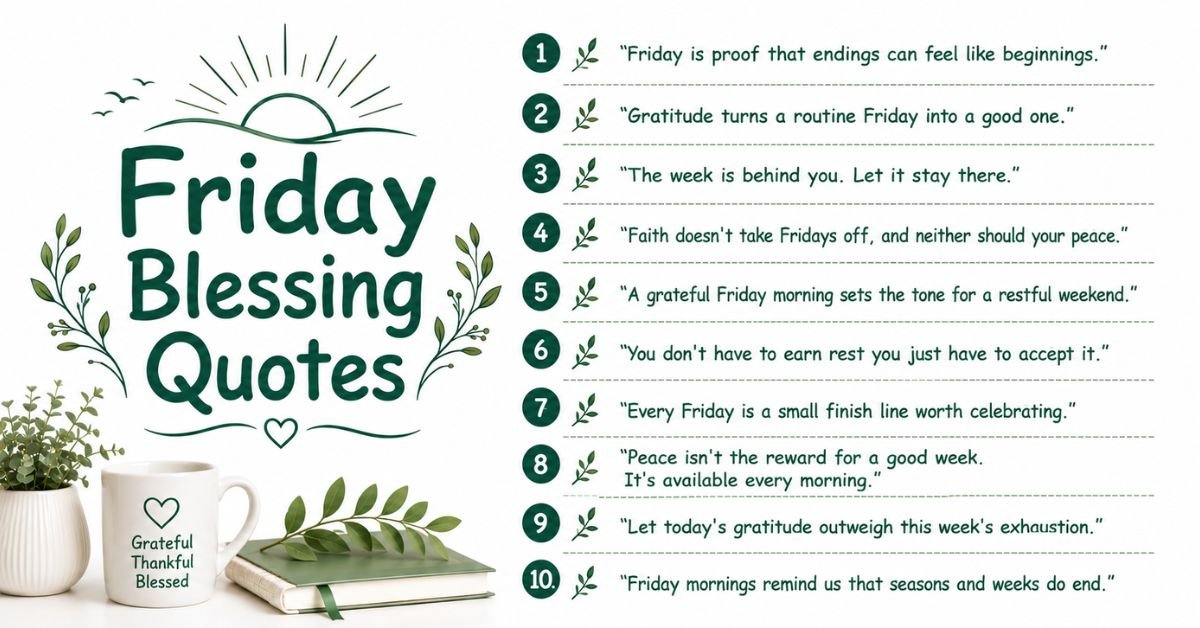 A list of 10 inspirational Friday blessing quotes next to a coffee mug with 'Grateful Thankful Blessed' written on it, a green notebook, and potted plants.