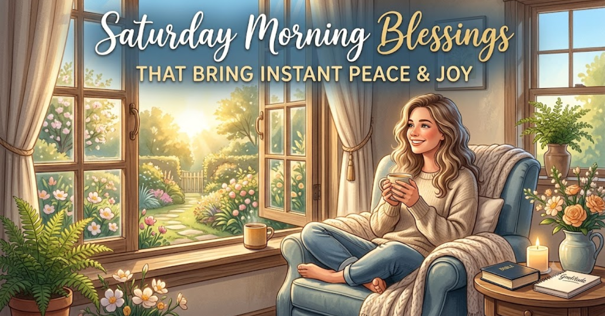 Alt Text: A cozy Saturday morning scene showing a peaceful woman sitting near an open window with a warm mug, soft sunlight, flowers, and the text "Saturday Morning Blessings That Bring Instant Peace & Joy".