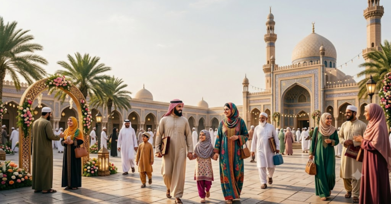 A realistic photo of a happy family in traditional attire walking towards a beautiful mosque courtyard on a sunny Jummah Friday.