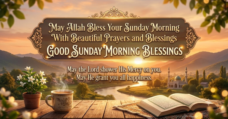 A peaceful Sunday morning scene featuring a warm cup of coffee, an open Quran on a wooden table, and beautiful morning sunlight over a mosque and scenic river landscape, with "Good Sunday Morning Blessings" text.