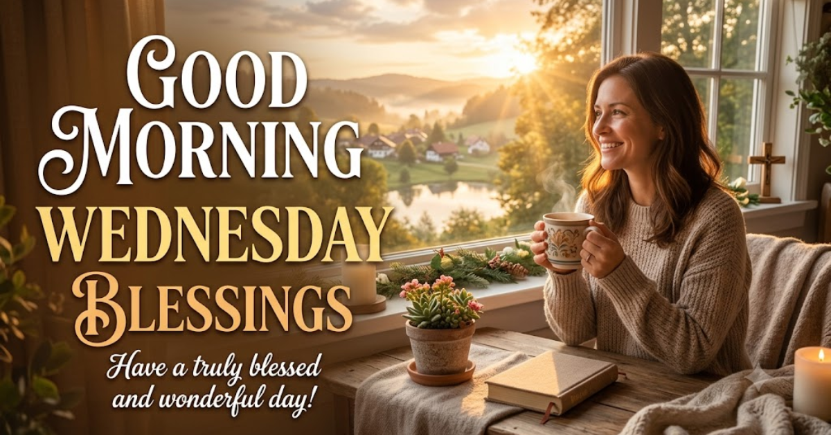 A warm morning scene with the text "Good Morning Wednesday Blessings", featuring a cozy window view of a sunrise over hills, a steaming coffee cup, and a bible on the table.
