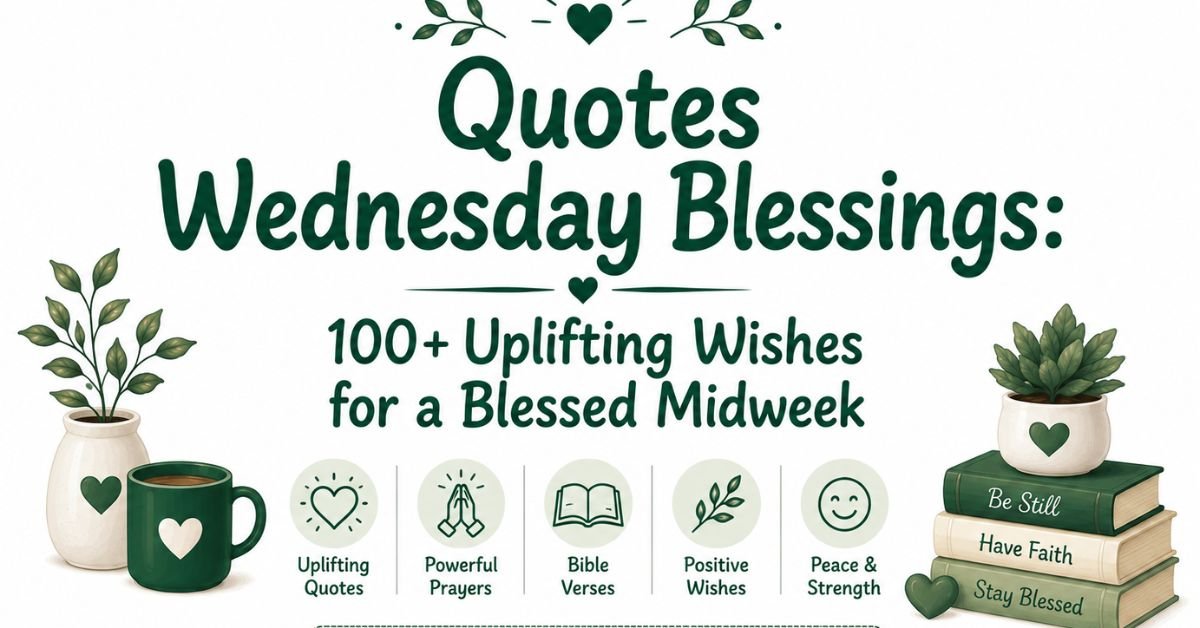 Text graphic reading "Quotes Wednesday Blessings: 100+ Uplifting Wishes for a Blessed Midweek" with potted plants, coffee mug, category icons, and stacked books reading "Be Still", "Have Faith", and "Stay Blessed".