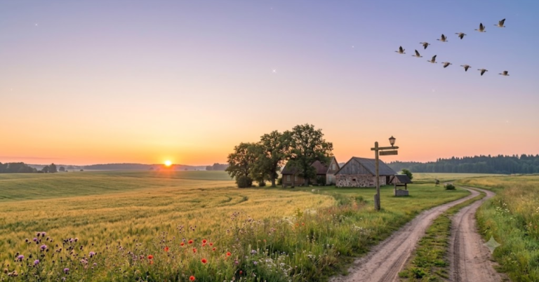 Peaceful countryside landscape at sunrise with a dirt path, golden fields, cozy cottages, and birds flying across a calm morning sky.