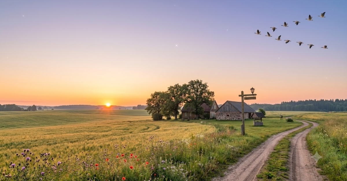 Peaceful countryside landscape at sunrise with a dirt path, golden fields, cozy cottages, and birds flying across a calm morning sky.