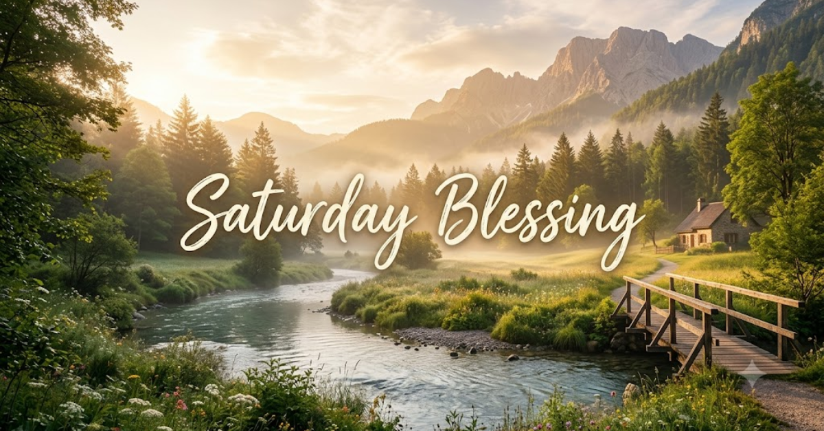 A realistic nature landscape featuring a flowing river, green trees, mountains at sunrise, and the text Saturday Blessing.