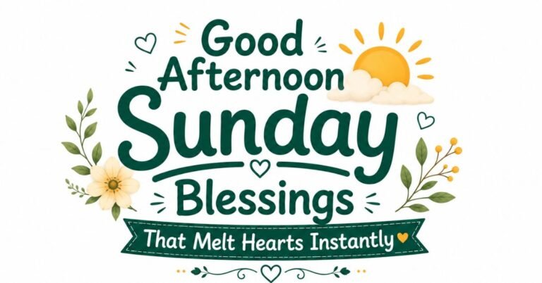 Text graphic reading "Good Afternoon Sunday Blessings That Melt Hearts Instantly" with a sun, clouds, flower, and leaves.