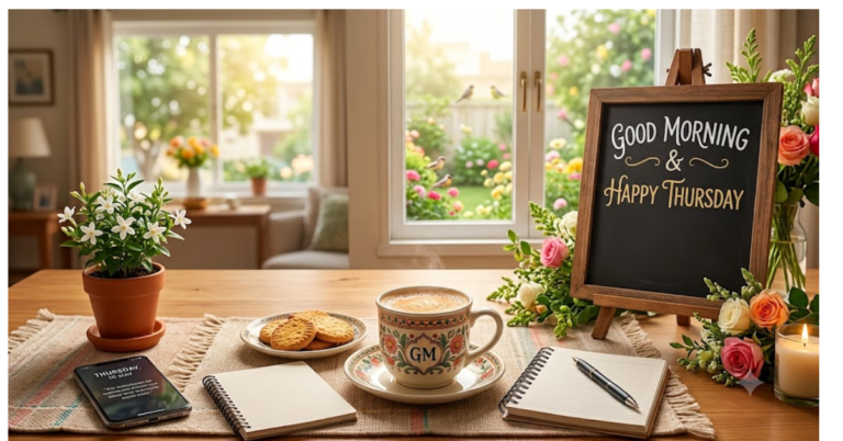 A cozy morning scene with a coffee mug, a plate of cookies, flowers, and a chalkboard displaying "Good Morning & Happy Thursday" on a wooden table.