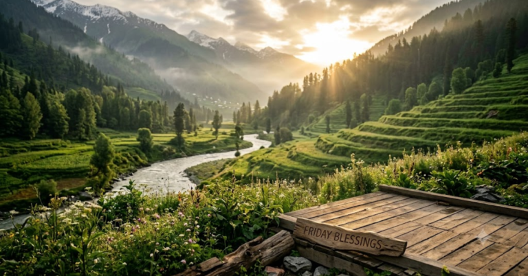 A wooden plank on a platform overlooking a green valley and mountains at sunrise has the text "FRIDAY'S BLESSED DAY".