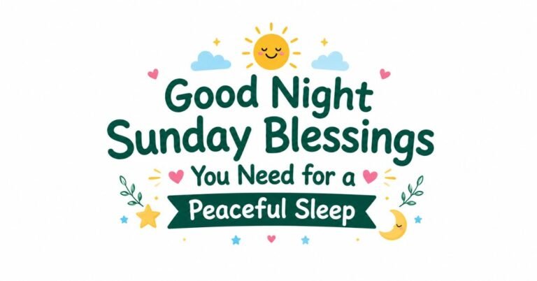 Text graphic reading "Good Night Sunday Blessings You Need for a Peaceful Sleep" with illustrations of a smiling sun, crescent moon, stars, and clouds.