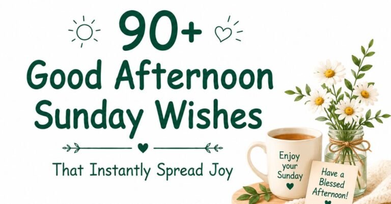 Text graphic reading "90+ Good Afternoon Sunday Wishes That Instantly Spread Joy" with a mug reading "Enjoy your Sunday" and daisies in a glass jar.
