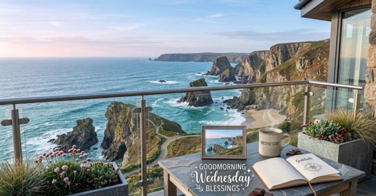 Cornish coast morning view from balcony.