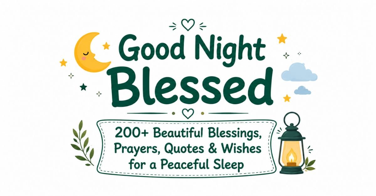 Text graphic reading "Good Night Blessed: 200+ Beautiful Blessings, Prayers, Quotes & Wishes for a Peaceful Sleep" with a sleeping crescent moon, stars, clouds, and a lantern.