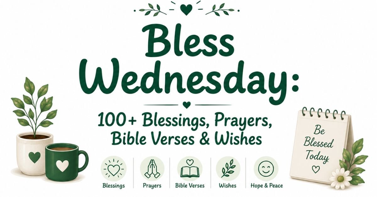 Text graphic reading "Bless Wednesday: 100+ Blessings, Prayers, Bible Verses & Wishes" with potted plant, coffee mug, category icons, spiral notepad reading "Be Blessed Today", and a white daisy.