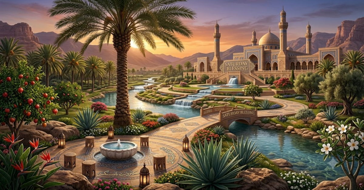 A realistic Islamic garden with a mosque, date palm trees, streaming water, and Saturday Blessings text.