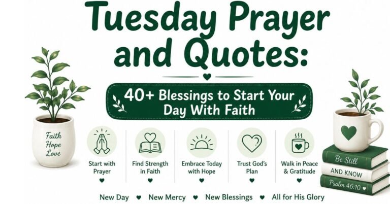 Text graphic reading "Tuesday Prayer and Quotes: 40+ Blessings to Start Your Day With Faith" with a potted plant reading "Faith Hope Love", category icons, mug on books reading "Be Still AND KNOW Psalm 46:10".