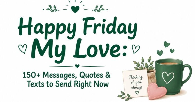 Text graphic reading "Happy Friday My Love: 150+ Messages, Quotes & Texts to Send Right Now" with a green coffee mug, potted plant, card reading "Thinking of you always", and heart accents.