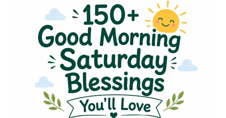Text graphic reading "150+ Good Morning Saturday Blessings You'll Love" with a smiling yellow sun, clouds, and green leaves.