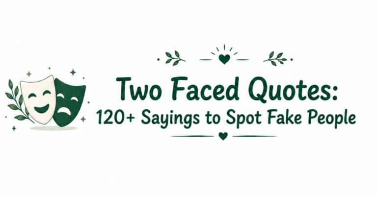 Text graphic reading "Two Faced Quotes: 120+ Sayings to Spot Fake People" with dramatic comedy and tragedy theater masks and green leaf accents.