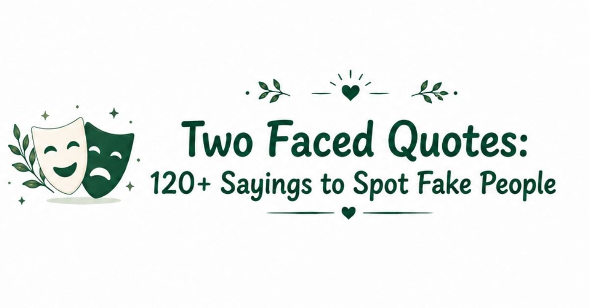 Text graphic reading "Two Faced Quotes: 120+ Sayings to Spot Fake People" with dramatic comedy and tragedy theater masks and green leaf accents.