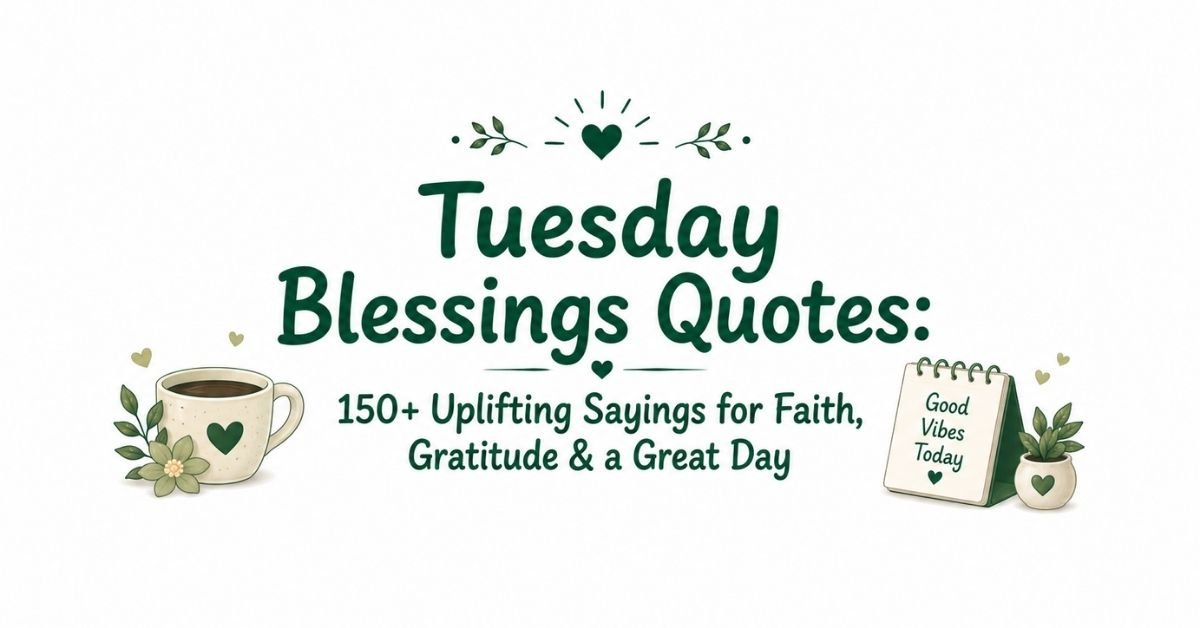 Text graphic reading "Tuesday Blessings Quotes: 150+ Uplifting Sayings for Faith, Gratitude & a Great Day" with a coffee mug, floral accents, and a desk calendar reading "Good Vibes Today".