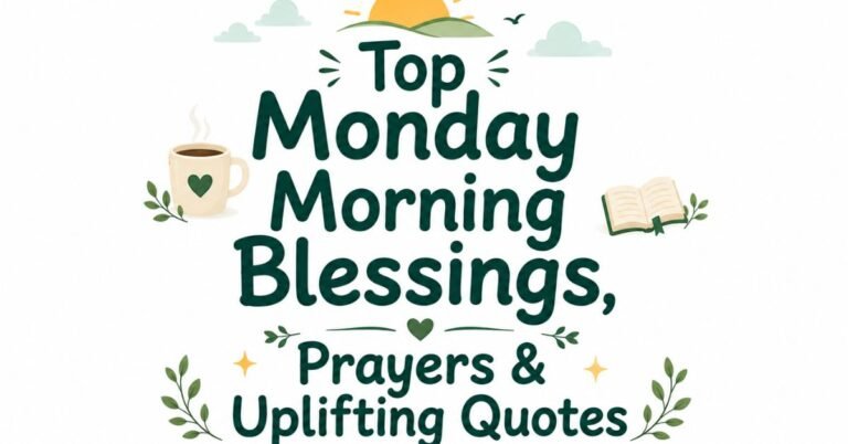 Text graphic reading "Top Monday Morning Blessings, Prayers & Uplifting Quotes" with a steaming coffee cup, open book, rising sun, and clouds.
