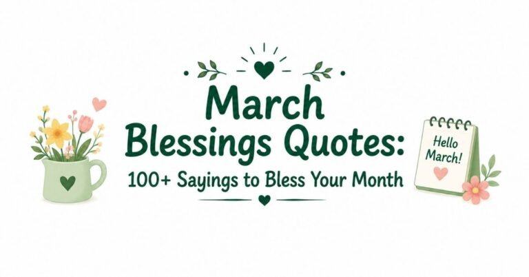 Text graphic reading "March Blessings Quotes: 100+ Sayings to Bless Your Month" with a pitcher of spring flowers, green leaf accents, and a desktop calendar reading "Hello March!".