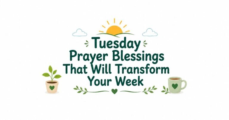 Text graphic reading "Tuesday Prayer Blessings That Will Transform Your Week" with a potted plant, coffee mug, rising sun, and clouds.