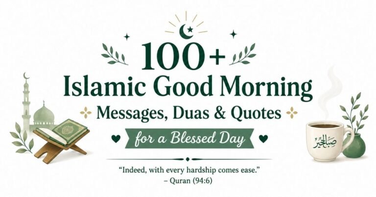 Text graphic reading "100+ Islamic Good Morning Messages, Duas & Quotes for a Blessed Day" featuring a green Quran on a wooden rehal, mosque silhouette, coffee cup with Arabic calligraphy, and Quranic verse 94:6.