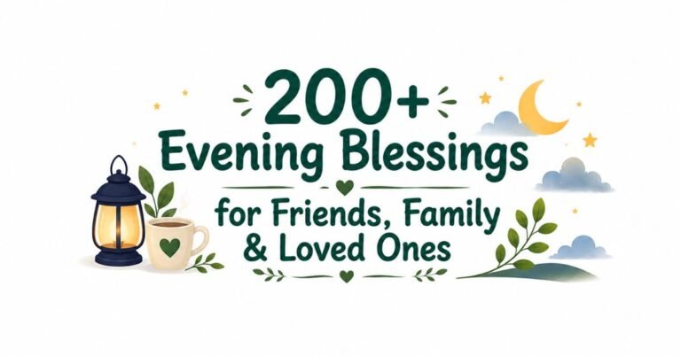 Text graphic reading "200+ Evening Blessings for Friends, Family & Loved Ones" with a lantern, coffee mug, crescent moon, stars, and clouds.