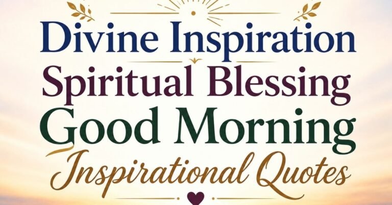 Text graphic reading "Divine Inspiration Spiritual Blessing Good Morning Inspirational Quotes" set against a soft sunrise background with gold flourishes and a heart accent.