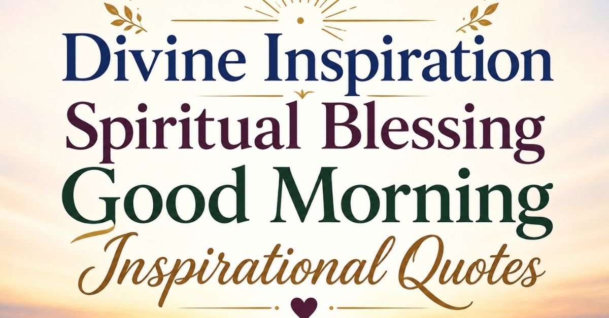 Text graphic reading "Divine Inspiration Spiritual Blessing Good Morning Inspirational Quotes" set against a soft sunrise background with gold flourishes and a heart accent.