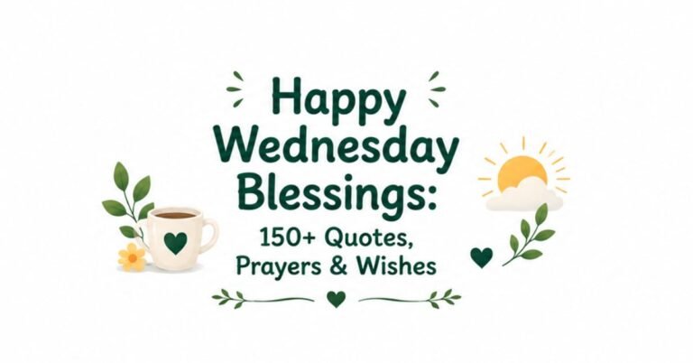 Text graphic reading "Happy Wednesday Blessings: 150+ Quotes, Prayers & Wishes" with a mug featuring a green heart, a small yellow flower, and a sun rising over clouds.