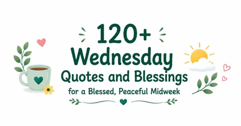 Text graphic reading "120+ Wednesday Quotes and Blessings for a Blessed, Peaceful Midweek" with a coffee mug, small yellow flower, sun behind clouds, and hearts.