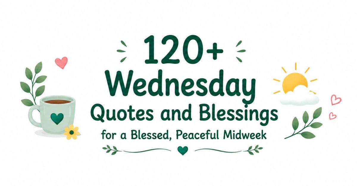 Text graphic reading "120+ Wednesday Quotes and Blessings for a Blessed, Peaceful Midweek" with a coffee mug, small yellow flower, sun behind clouds, and hearts.