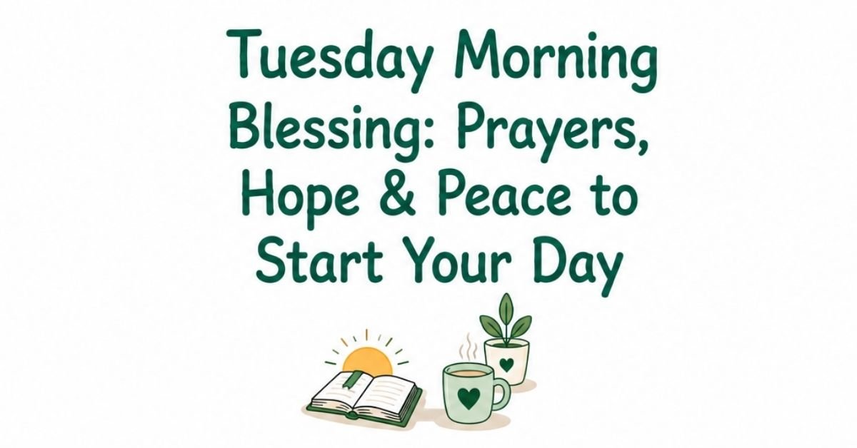Text graphic reading "Tuesday Morning Blessing: Prayers, Hope & Peace to Start Your Day" with an open book beneath a rising sun, a mug of coffee, and a potted plant with a green heart.