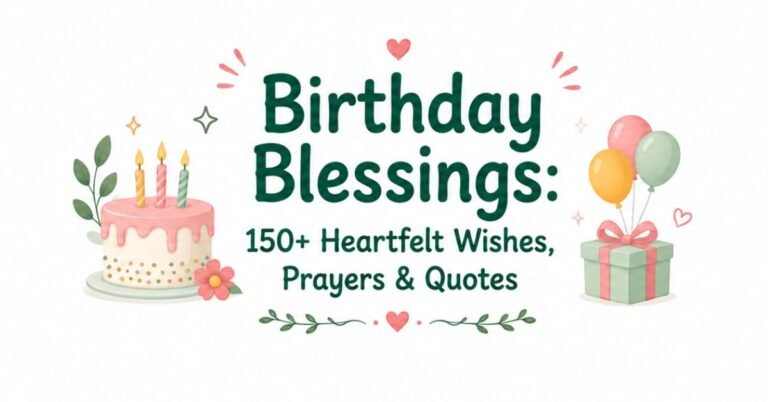 Text graphic reading "Birthday Blessings: 150+ Heartfelt Wishes, Prayers & Quotes" with a pink birthday cake with candles, a gift box, and balloons.