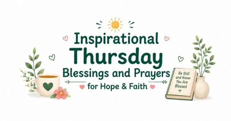 Text graphic reading "Inspirational Thursday Blessings and Prayers for Hope & Faith" with a coffee mug, pink flower, shining sun, open book reading "Be Still and Know You Are Blessed," and a vase with greenery.