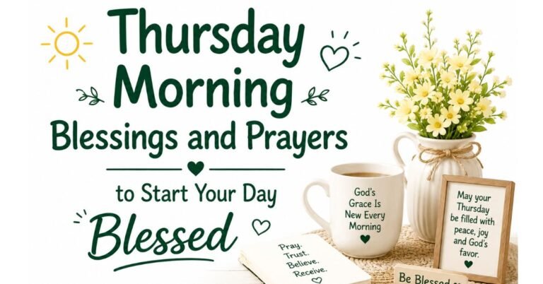 Text graphic reading "Thursday Morning Blessings and Prayers to Start Your Day Blessed" with a sun icon, yellow flowers in a vase, coffee mug, open notebook, and framed sign.