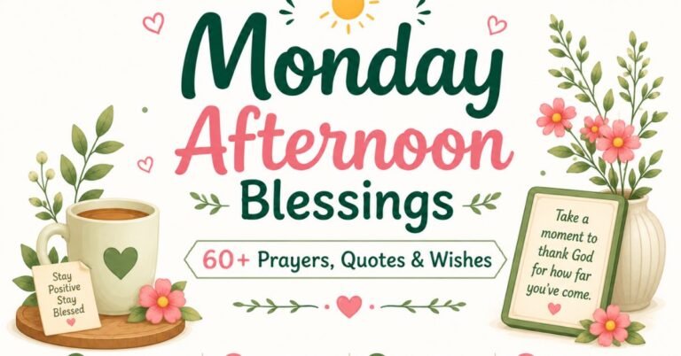 Text graphic reading "Monday Afternoon Blessings: 60+ Prayers, Quotes & Wishes" with a coffee mug, pink flowers, sun icon, and framed sign message.