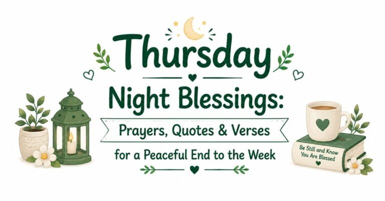 Text graphic reading "Thursday Night Blessings: Prayers, Quotes & Verses for a Peaceful End to the Week" with a crescent moon, green lantern, candle, coffee mug on a book, and potted plant.