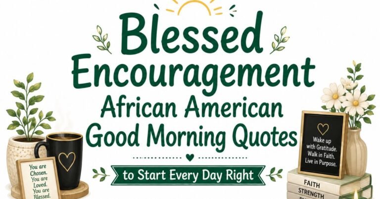 Text graphic reading "Blessed Encouragement African American Good Morning Quotes to Start Every Day Right" with potted plants, coffee mug, framed signs, and books.
