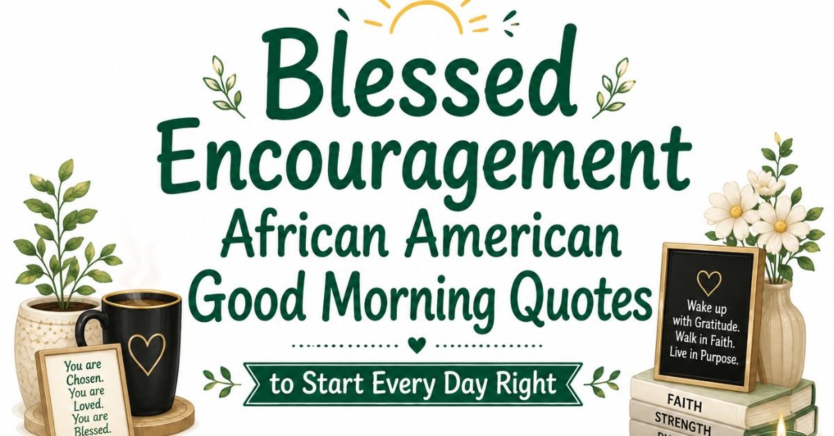 Text graphic reading "Blessed Encouragement African American Good Morning Quotes to Start Every Day Right" with potted plants, coffee mug, framed signs, and books.