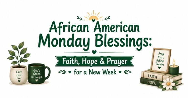 Text graphic reading "African American Monday Blessings: Faith, Hope & Prayer for a New Week" with a potted plant, dark green coffee mug, framed sign, lit candle, and stacked books.