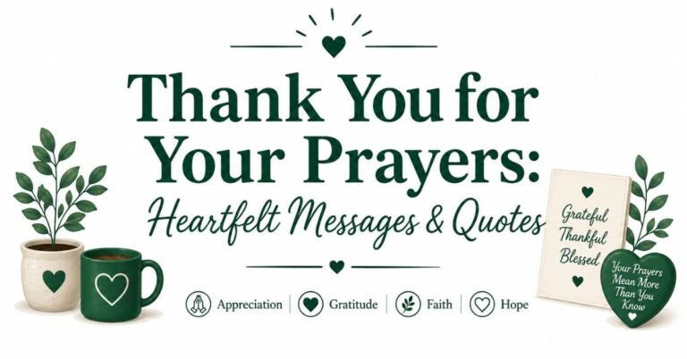 Text graphic reading "Thank You for Your Prayers: Heartfelt Messages & Quotes" with potted plant, dark green coffee mug, framed "Grateful Thankful Blessed" sign, and heart stone reading "Your Prayers Mean More Than You Know."
