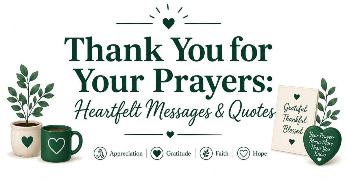 Text graphic reading "Thank You for Your Prayers: Heartfelt Messages & Quotes" with potted plant, dark green coffee mug, framed "Grateful Thankful Blessed" sign, and heart stone reading "Your Prayers Mean More Than You Know."
