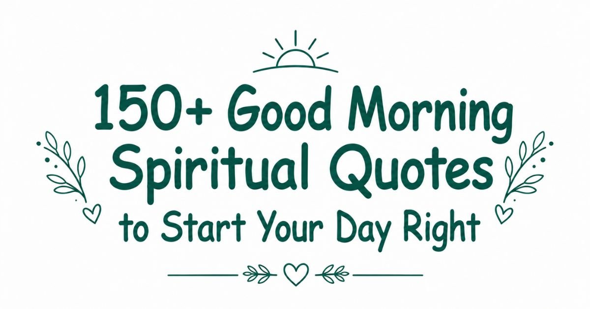 Text graphic reading "150+ Good Morning Spiritual Quotes to Start Your Day Right" with a sun outline, small hearts, and leafy sprigs.