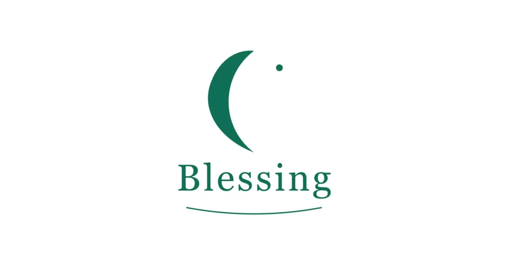 "Blessing logo featuring a green crescent moon and star with the word 'Blessing' in serif font below, underlined with a wavy line"